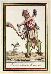 Irokesen brechen zu einer Expedition auf, graviert von J. Laroque